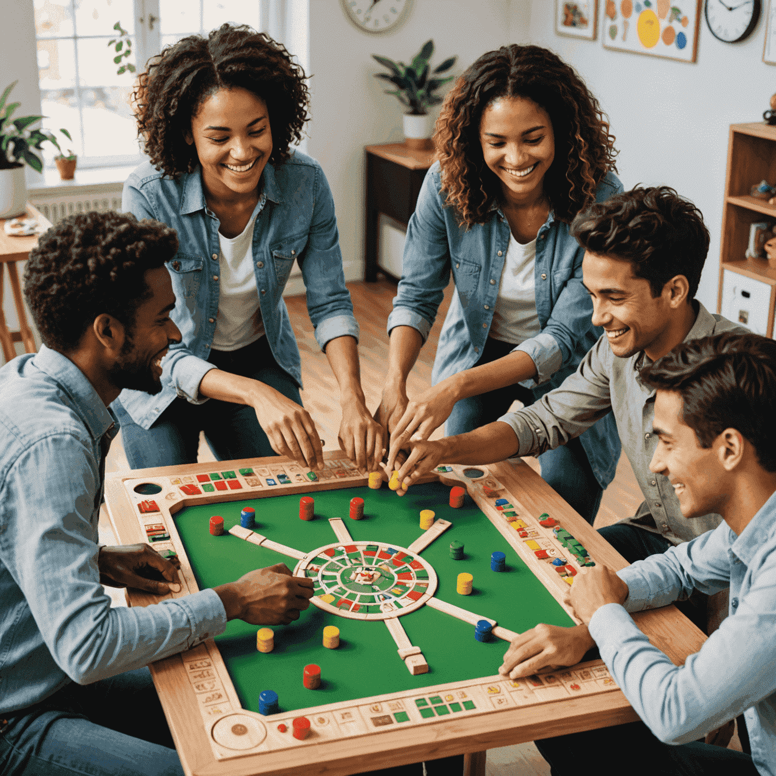 Farklı yaş ve etnik kökenden insanların bir masa etrafında gülümseyerek işbirlikçi bir oyun oynadığı resim