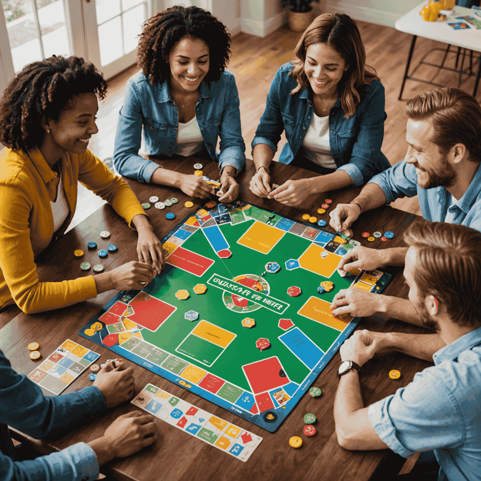 Beş kişilik bir grup, bir masa etrafında oturmuş, gülümseyerek işbirlikçi bir masa oyunu oynuyor. Masanın üzerinde renkli kartlar ve oyun parçaları var.
