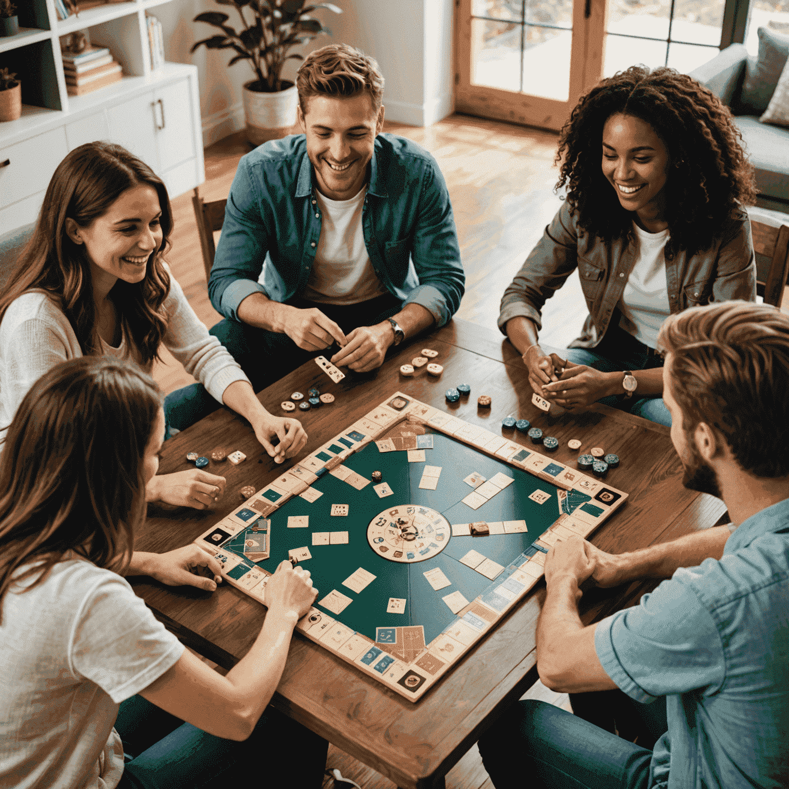 Bir grup arkadaş masada oturup gülümseyerek işbirlikçi bir masa oyunu oynuyor. Oyun tahtası, kartlar ve oyun parçaları masanın üzerinde görünüyor.