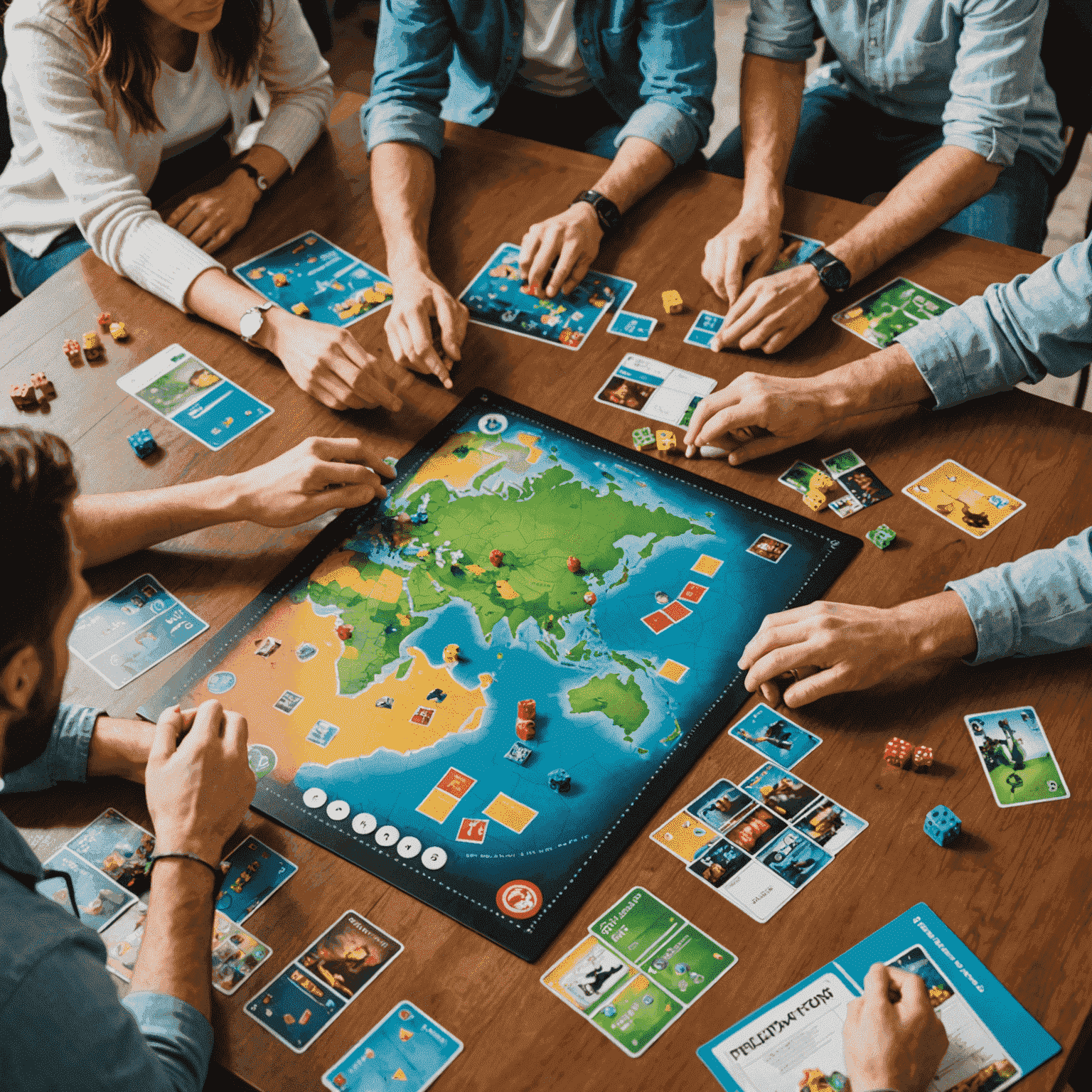Bir grup arkadaş Pandemi masa oyununu oynuyor. Oyun tahtası üzerinde renkli kartlar ve oyun parçaları görünüyor. Oyuncular strateji üzerine tartışıyor.