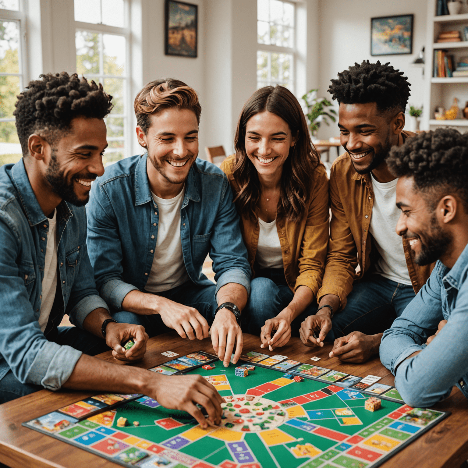 Bir grup arkadaş, masada oturmuş, gülümseyerek işbirlikçi bir masa oyunu oynuyor. Oyun tahtası renkli ve karmaşık, oyuncular stratejilerini tartışıyor.
