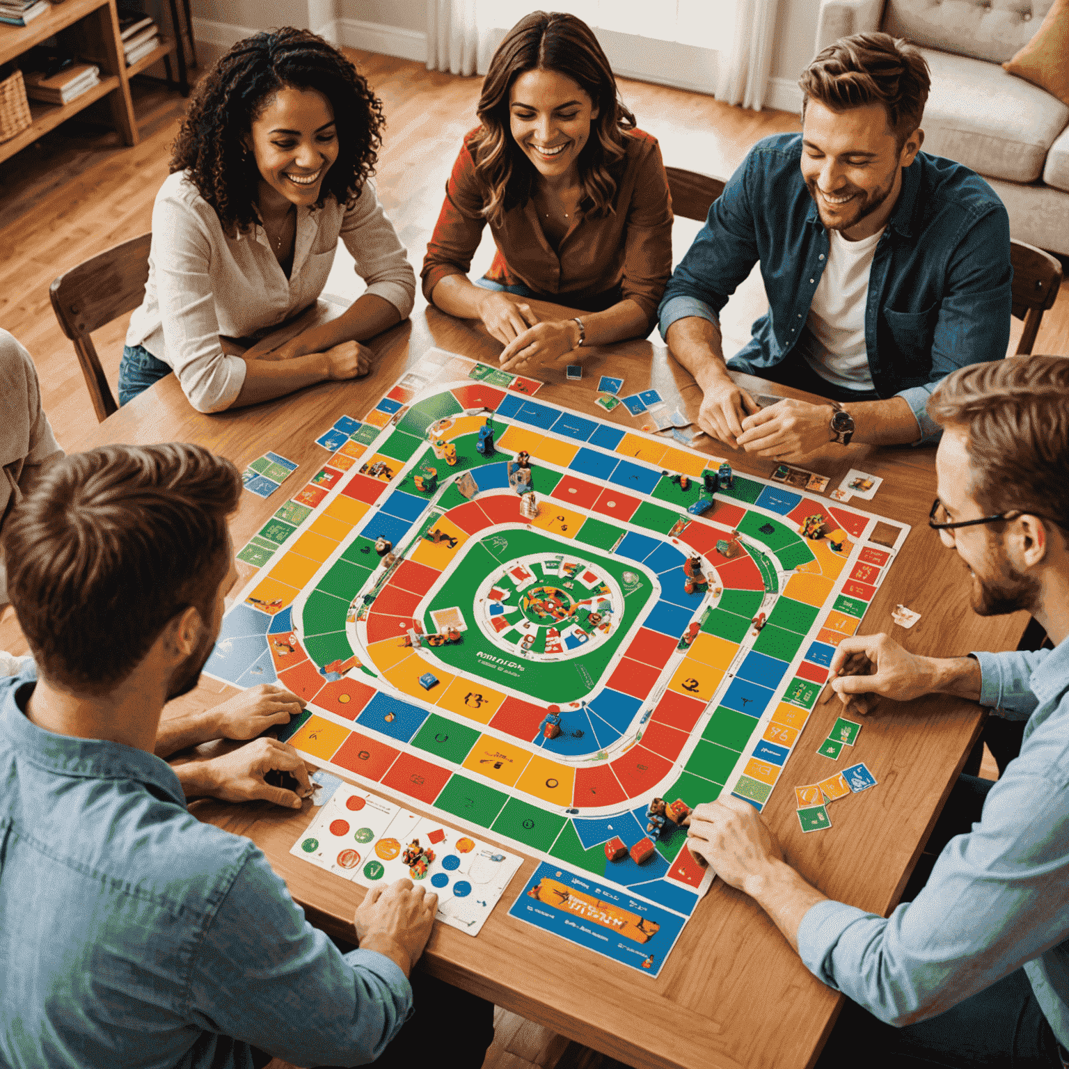 Beş kişilik bir grup, bir masa etrafında oturmuş, gülümseyerek işbirlikçi bir masa oyunu oynuyor. Masanın üzerinde renkli kartlar ve oyun parçaları var.