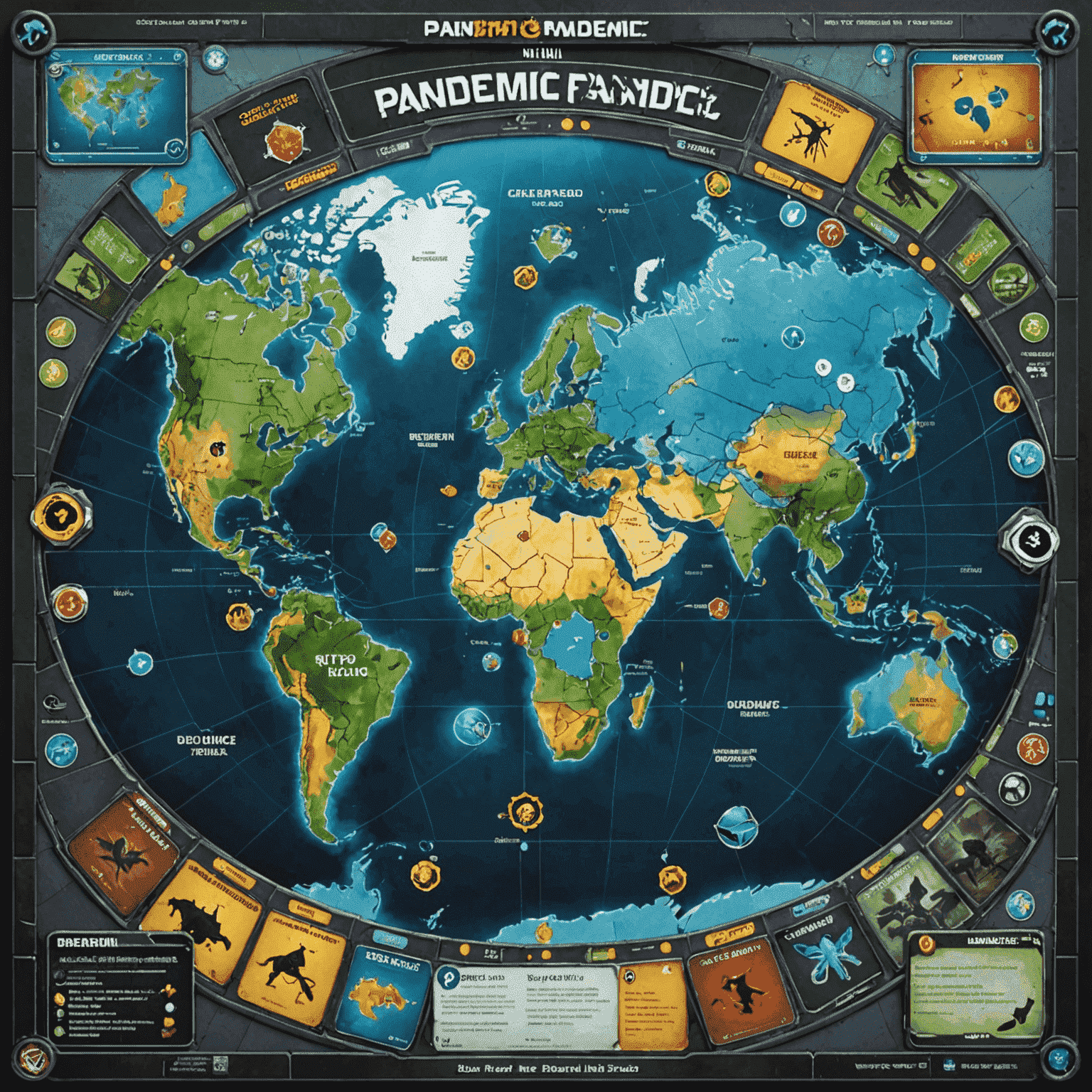 Pandemic: The Board Game'in oyun tahtası, oyuncuların hastalıkları tedavi etmek ve dünyayı kurtarmak için stratejiler geliştirdiği bir sahne.