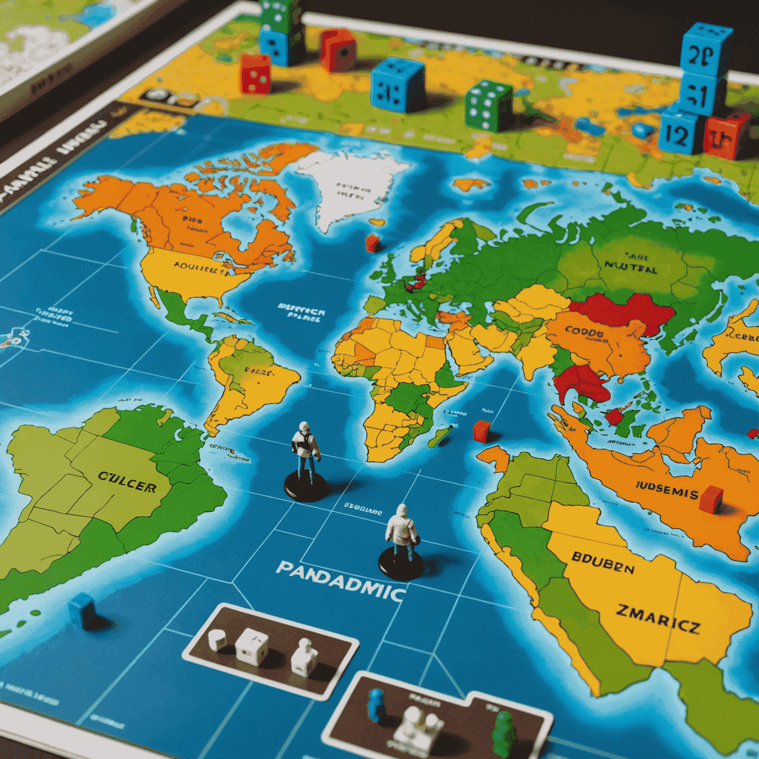 Pandemic oyun kutusu ve oyun tahtasının yakın çekimi. Dünya haritası üzerinde renkli küpler ve oyuncu figürleri görünüyor.