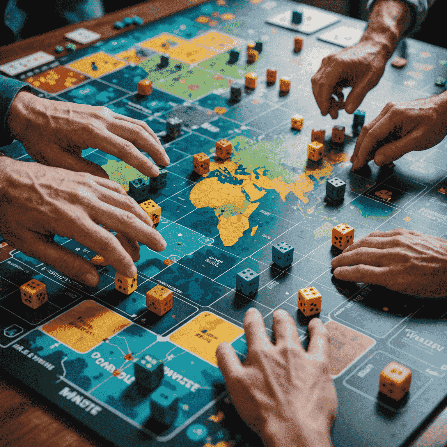 Pandemi oyun tahtasının yakın çekim görüntüsü. Farklı renklerde hastalık küpleri şehirlere yayılmış durumda. Oyuncuların elleri tahtanın üzerinde, strateji tartışıyorlar.