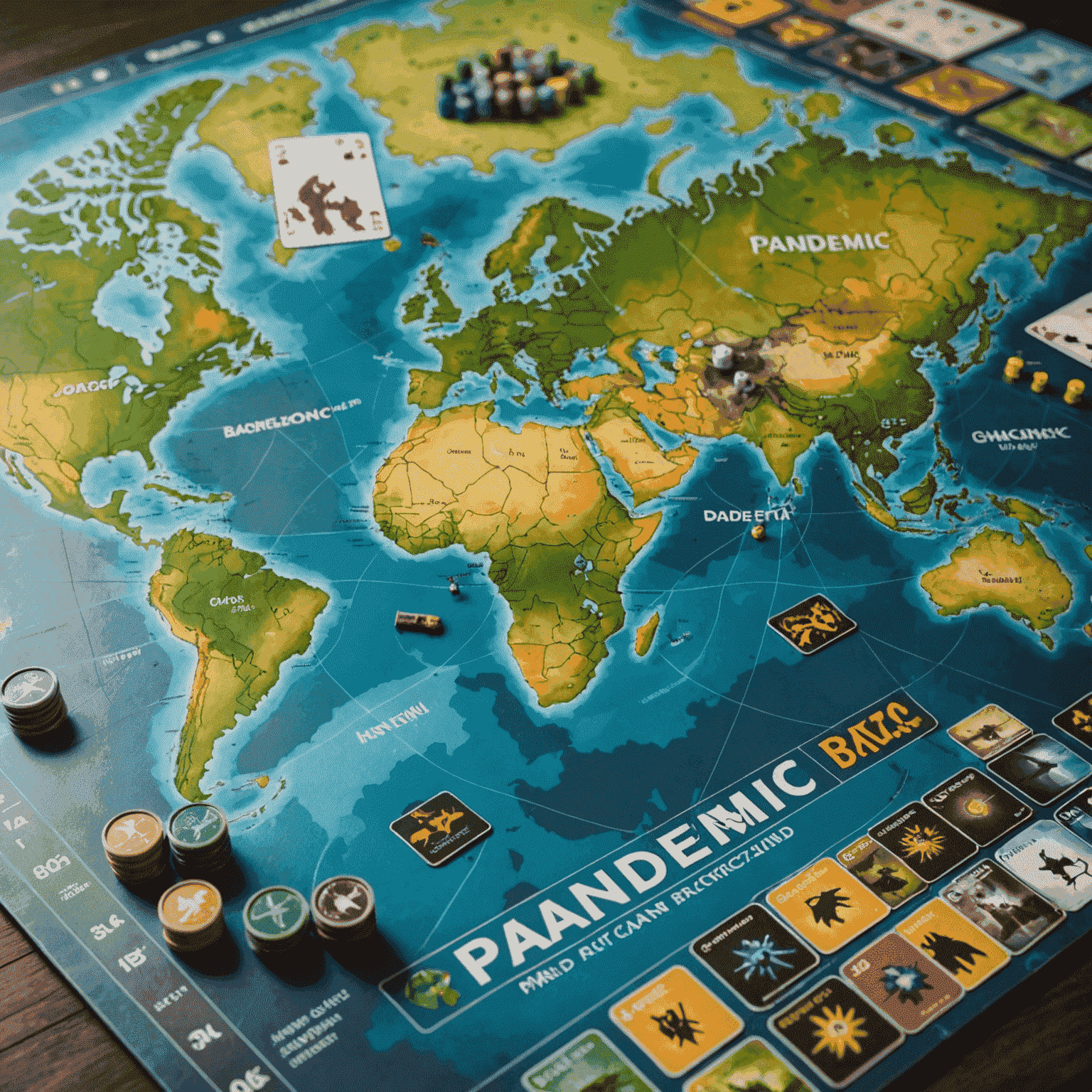 Pandemic oyununun kutu görseli ve oyun tahtası. Dünya haritası üzerinde renkli oyun parçaları ve kartlar görünüyor.