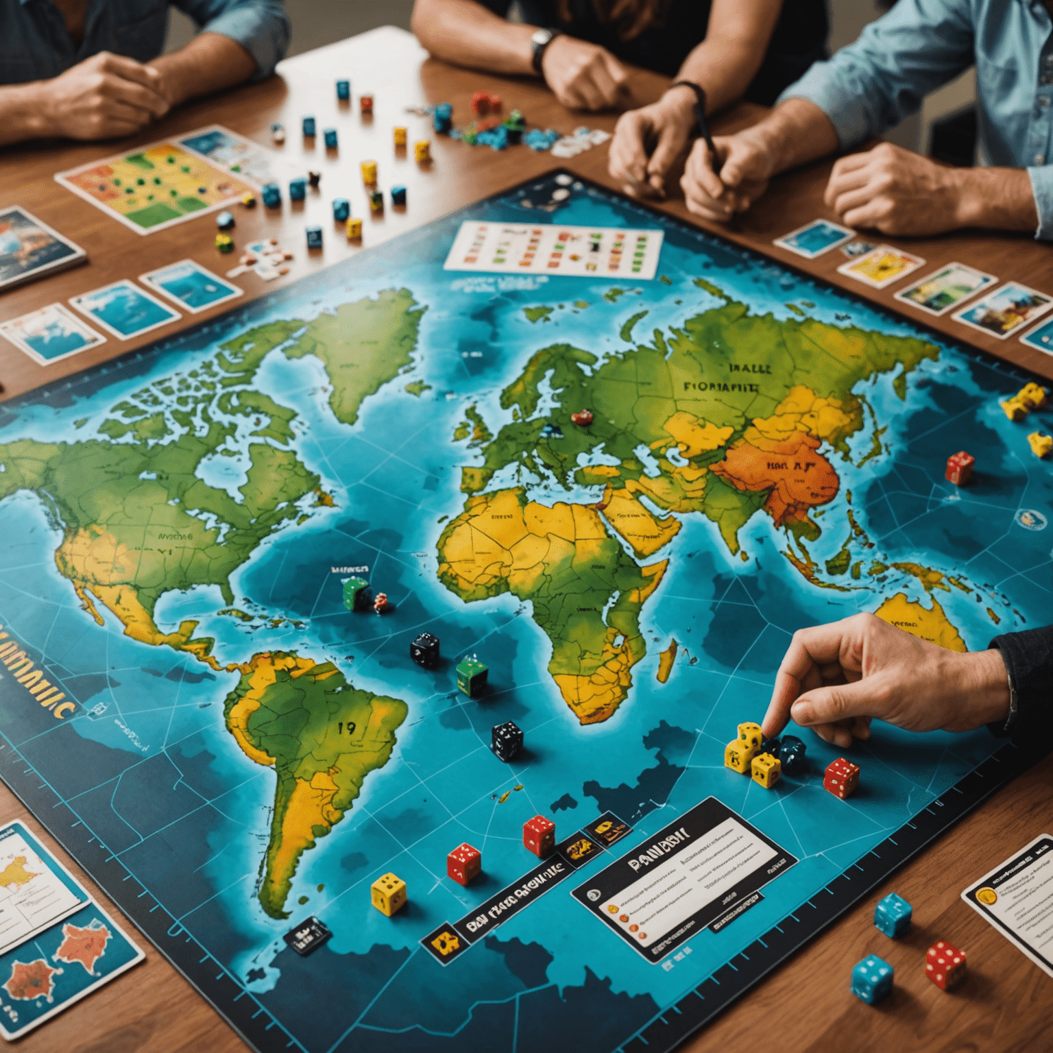 Pandemic: The Board Game'in oyun tahtası, dünya haritası üzerinde renkli küpler ve oyuncu kartları ile gösteriliyor. Oyuncular strateji üzerine tartışıyor.