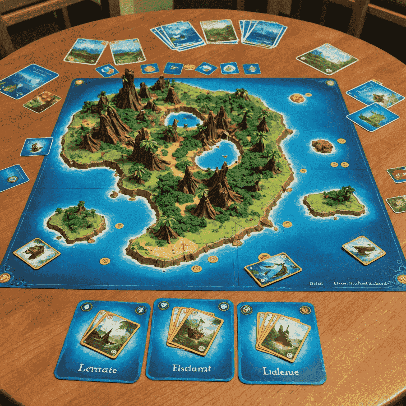 Forbidden Island oyun tahtası, adanın parçalarının su altında kaldığını gösteren mavi kartlarla çevrili. Oyuncular, hazine kartlarını toplamaya çalışıyor.