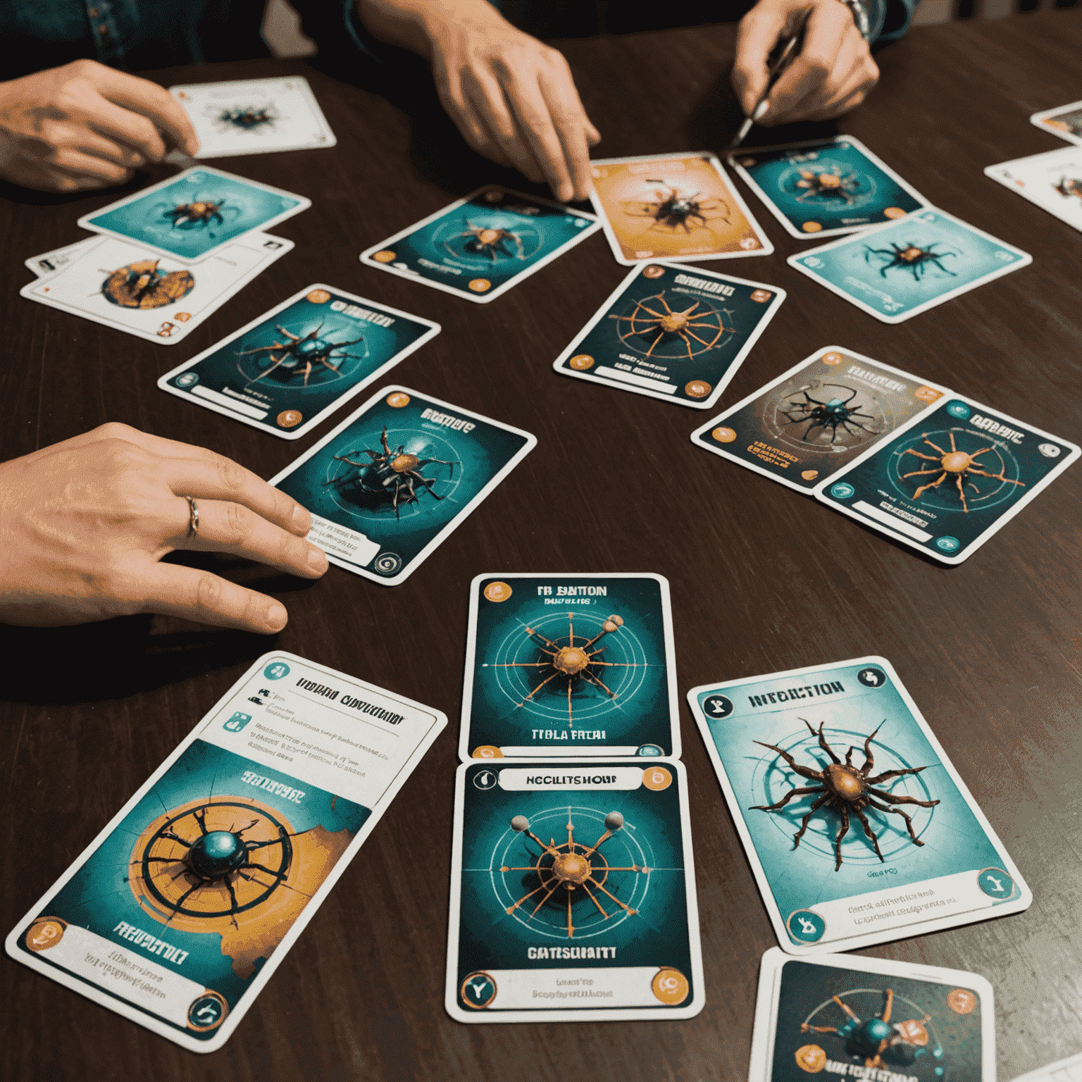 Pandemi oyununun enfeksiyon kartları ve oyuncu kartları yan yana dizilmiş. Oyuncular ellerindeki kartları inceliyor ve strateji geliştiriyor.