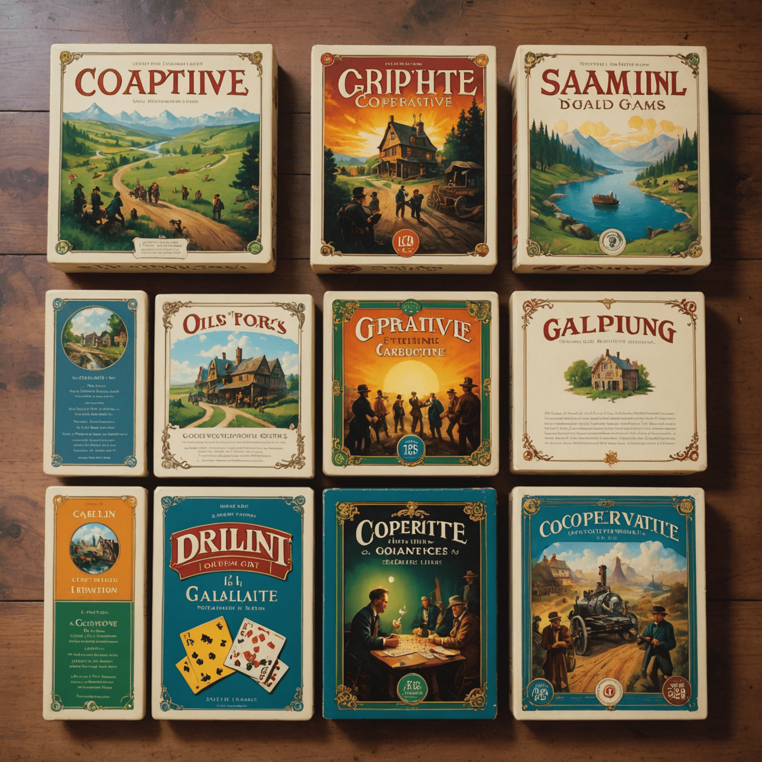 İşbirlikçi masa oyunlarının tarihsel gelişimini gösteren bir zaman çizelgesi. Eski ve yeni oyun kutuları, önemli tarihler ve dönüm noktaları gösteriliyor.