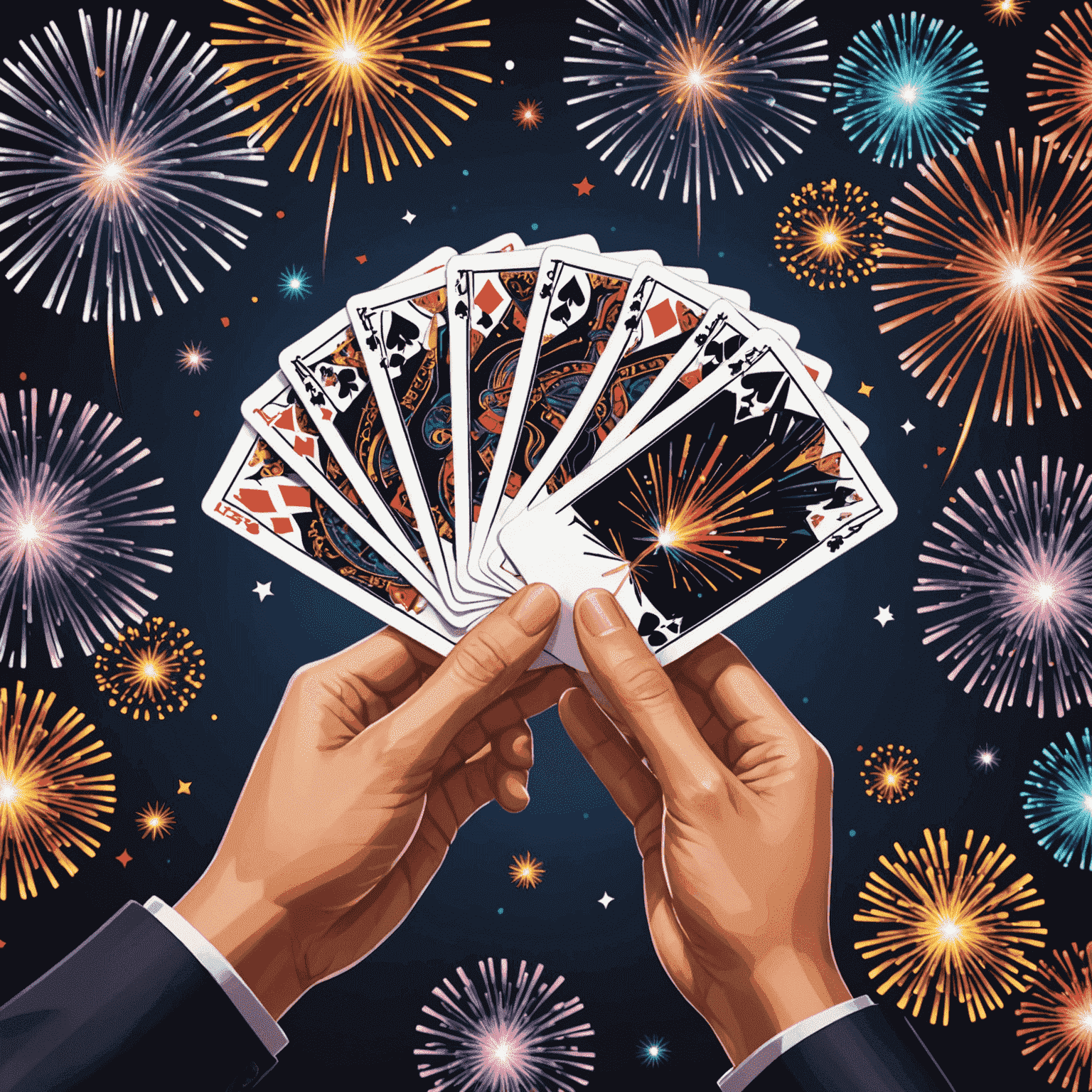 Hanabi oyun kartları yelpaze şeklinde açılmış, renkli havai fişek desenleri görünüyor. Oyuncuların elleri, kartları düzenlerken görünüyor.