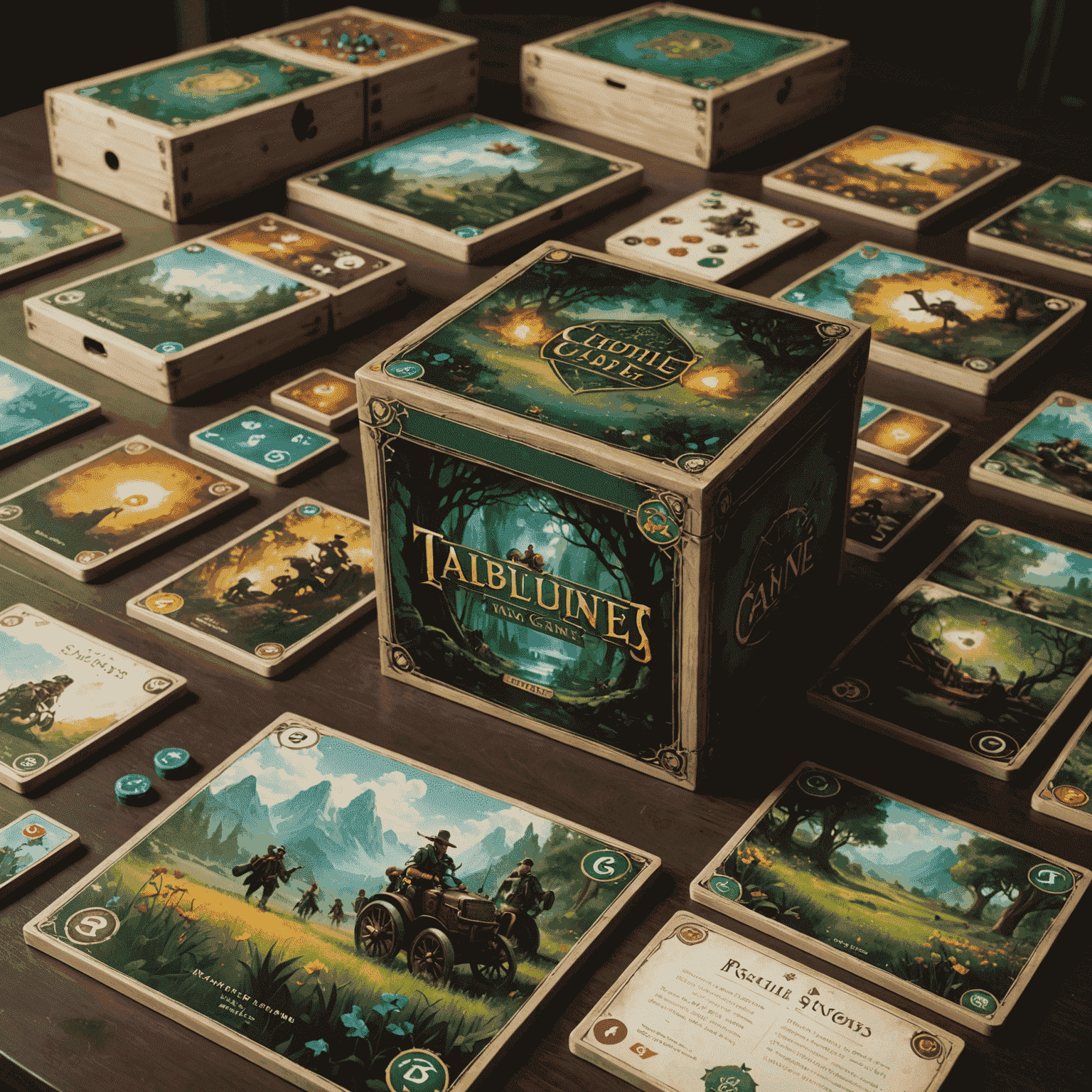 Yakında piyasaya sürülecek işbirlikçi masa oyunlarının kutu görselleri ve prototipleri. Heyecan verici yeni mekanikler ve temalar ön plana çıkarılmış.