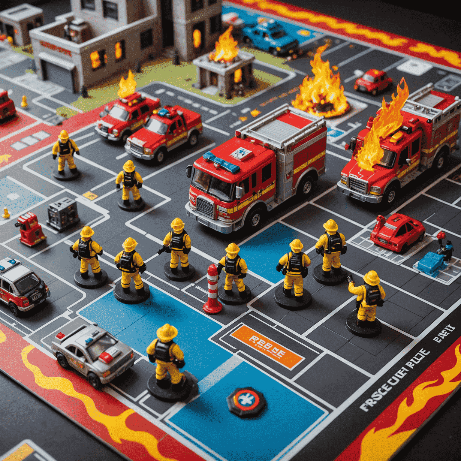 Flash Point: Fire Rescue oyun tahtası, yanan bir bina planı üzerinde itfaiyeci figürleri ve yangın belirteçleri görünüyor. Oyuncular, kurtarma operasyonunu planlarken görünüyor.